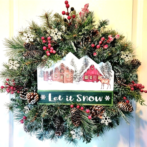 Christmas Winter Cabin Deer Wreath Let It Snow Pine Berries - Picture 1 of 5